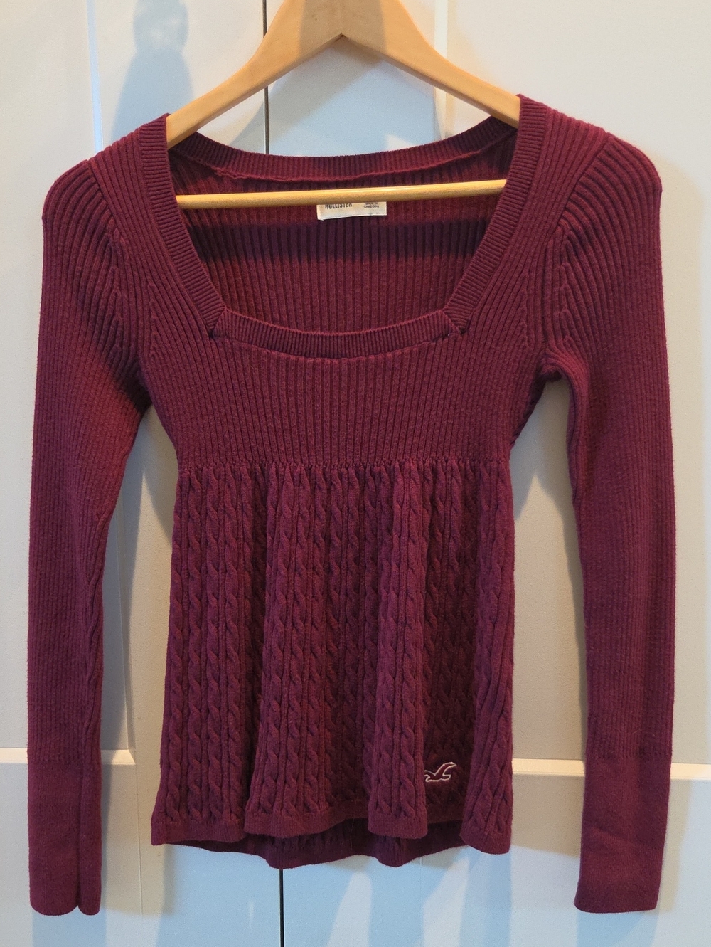 Hollister Women's Y2K Cable-Knit Square Neck Babydoll Sweater - Cranberry